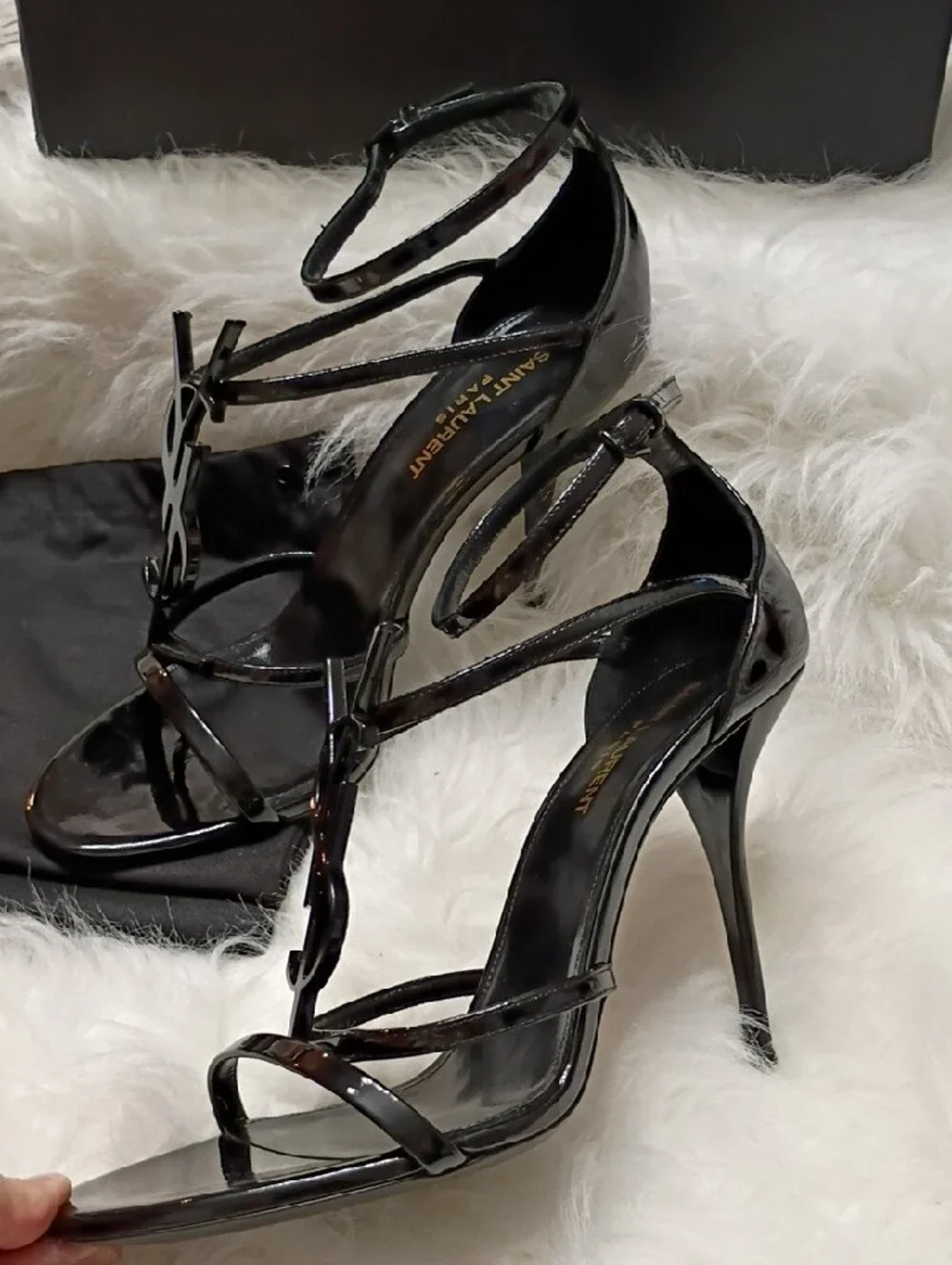 New Saint Laurent Cassandra Black Patent Leather Strappy High Heel Sandals EU 38 - Picture 10 of 16
